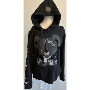 Philipp Plein Teddy Bear Appliqué Logo Sleeve Studded Hoodie Black Thrashed XL